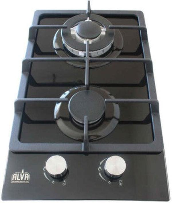 ALVA 30cm 2-Burner Stainless Steel Gas Hob with Black Glass Top - LPGSA Certified, Electronic Ignition, 12 Month Warranty