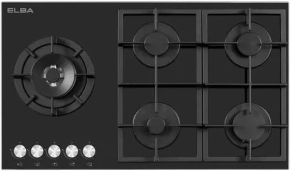 Elba 900mm Glass Automatic Gas Stove - 5 Burners, LPG Fuel, Black Finish