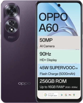 Oppo A60 Smartphone - 256 GB Storage, 8 GB RAM, Midnight Purple - 6.7" HD+ Display, 50MP Camera, Snapdragon 680, 5000mAh Battery