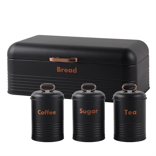 Totally 4 Piece Breadbin And Canister Tin Set Combo Black
