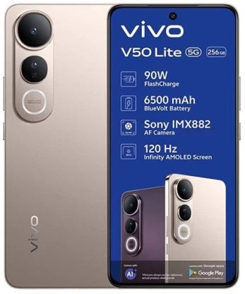 Vivo V50 Lite 5G - Stunning Gold, 256GB Storage, 8GB RAM - Immersive 6.77" AMOLED Display, 6500mAh Battery, 90W FlashCharge, 50MP Sony Camera