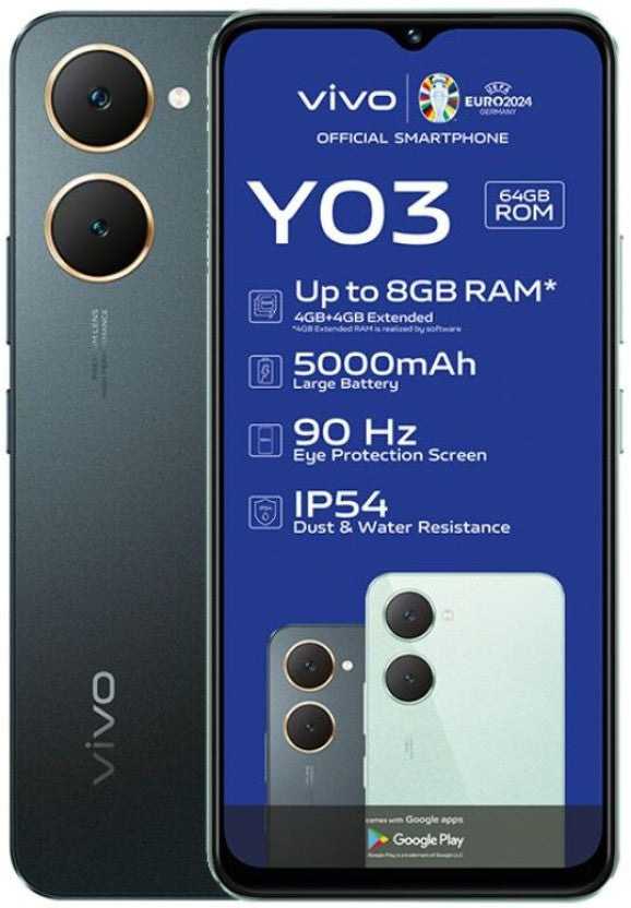 Vivo Y03 4G Dual Sim Smartphone - 64GB Storage, 4GB RAM - Stunning Black