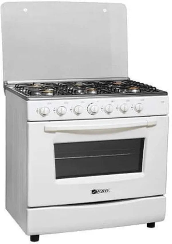 Zero Appliances 6-Burner Gas Stove with FFD and Battery Ignition - White Stainless Steel Automatic Oven