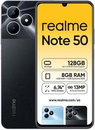 realme Note 50 4G Dual SIM Smartphone - 128GB Storage, 8GB RAM, 6.74" 90Hz Display, 13MP AI Camera, 5000mAh Battery - Midnight Black