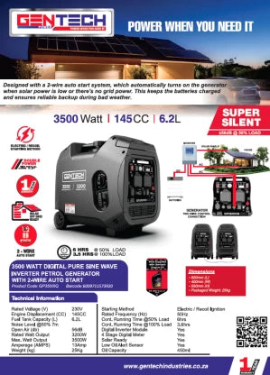 Gentech Power 3500-Watt Pure Sine Wave Inverter 3500 W 230 V Petrol Generator