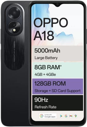OPPO A18 Smartphone - Glowing Black, 128 GB Storage, 4 GB RAM - Powerful Helio G85 Processor & 5000 mAh Battery
