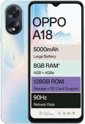 OPPO A18 Smartphone - Glowing Blue, 128GB Storage, 4GB RAM, Helio G85 Processor, 5000 mAh Battery