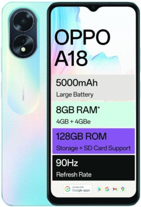 Oppo A18: 128GB Glowing Blue Smartphone with 4GB RAM - HD+ Display & Long-Lasting Battery