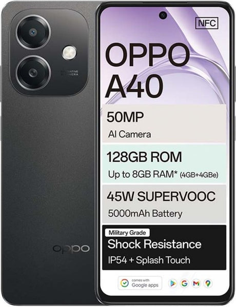 Oppo A40 4G: Powerful 128GB Smartphone with 8GB RAM, Dual SIM, and Stunning 90Hz Display - Sleek Black