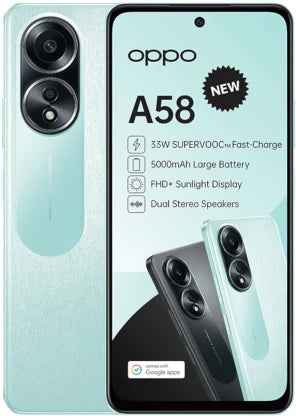 Oppo A58 Smartphone - Dazzling Green, 128GB Storage, 6GB RAM - Stunning FHD+ Display, 50MP AI Camera, 5000mAh Battery with 33W Fast Charging