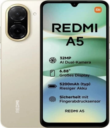 Xiaomi Redmi A5 Smartphone - Sandy Gold, 128GB Storage, 4GB RAM - Large 6.88" 120Hz Display, 32MP AI Camera, 5200mAh Battery