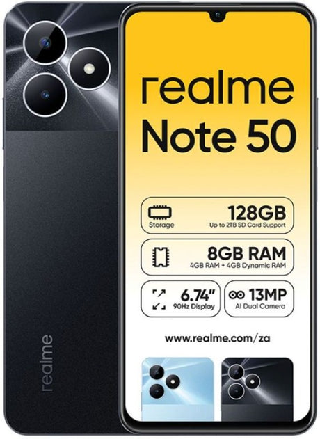 realme Note 50 4G Dual SIM Smartphone - 128GB Storage, 8GB RAM, 6.74" 90Hz Display, 13MP AI Camera, 5000mAh Battery - Midnight Black
